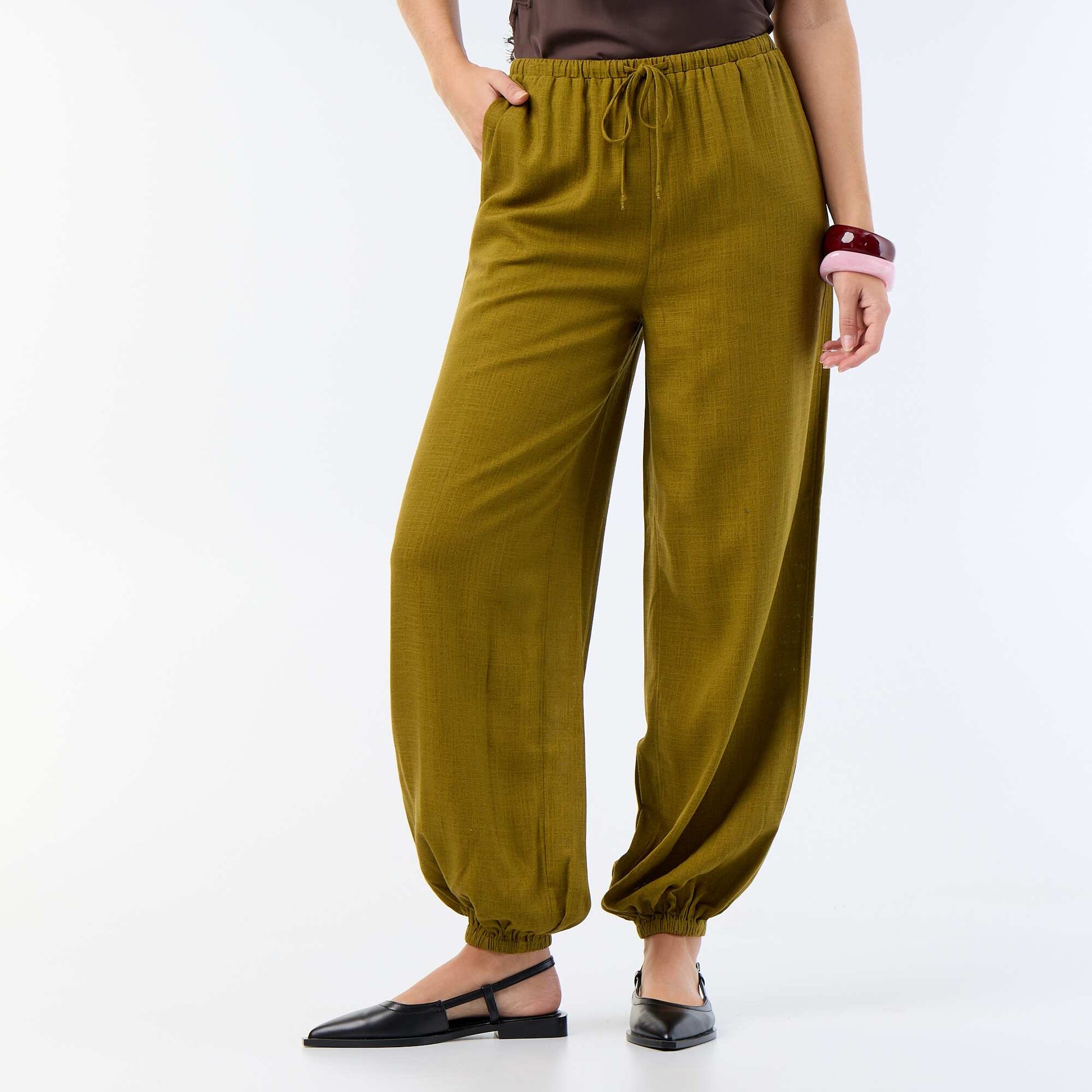 Solid Color Balloon Fit Trousers with 2 Pockets GREEN