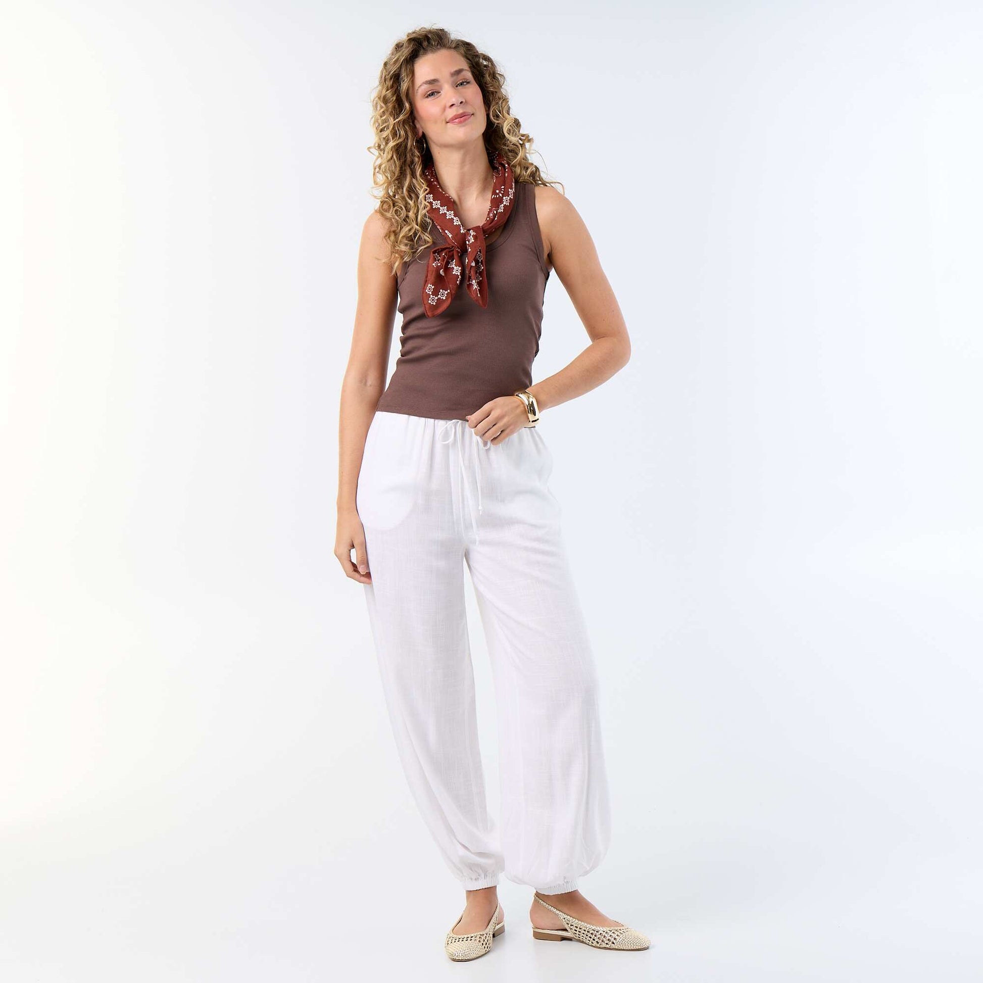 Solid Color Balloon Fit Trousers with 2 Pockets WHITE
