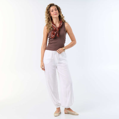 Solid Color Balloon Fit Trousers with 2 Pockets WHITE