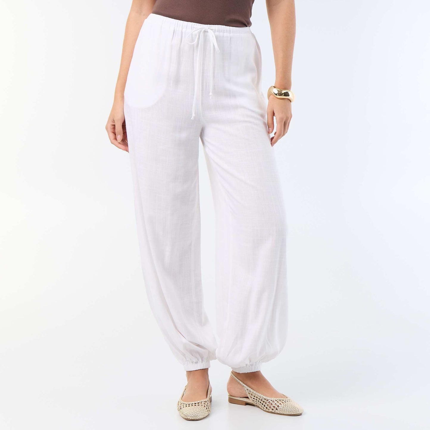 Solid Color Balloon Fit Trousers with 2 Pockets WHITE