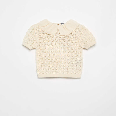 Short-Sleeved Pointelle Sweater with Peter Pan Collar BEIGE