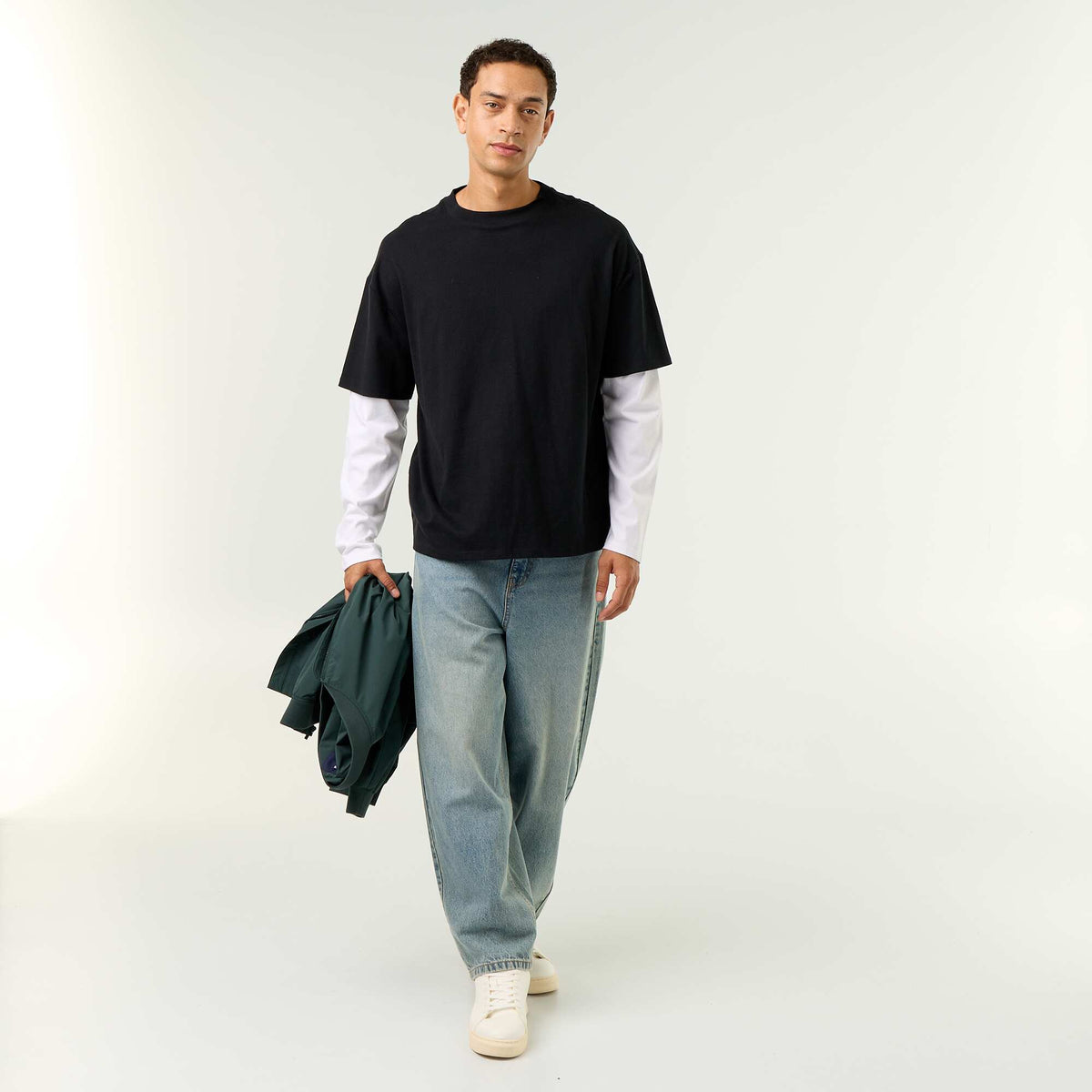 2-in-1 effect long-sleeve t-shirt BLACK