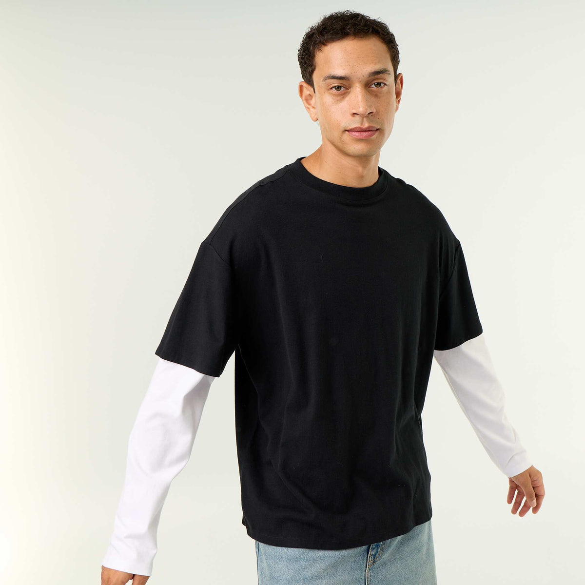 2-in-1 effect long-sleeve t-shirt BLACK