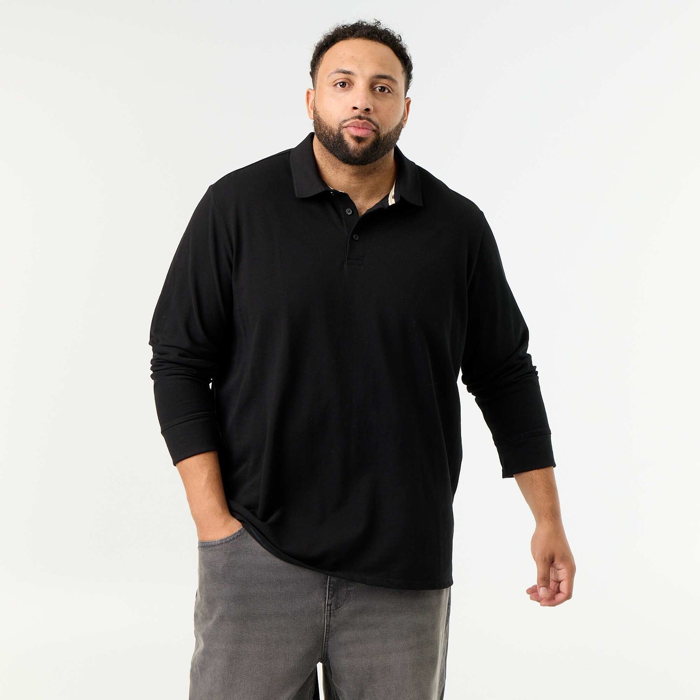 Long-sleeved pique knit polo BLACK