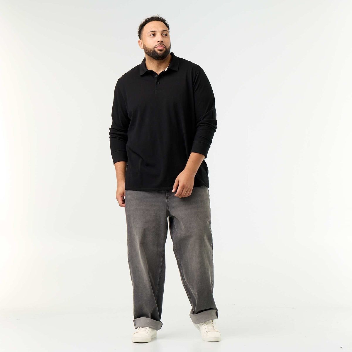 Long-sleeved pique knit polo BLACK