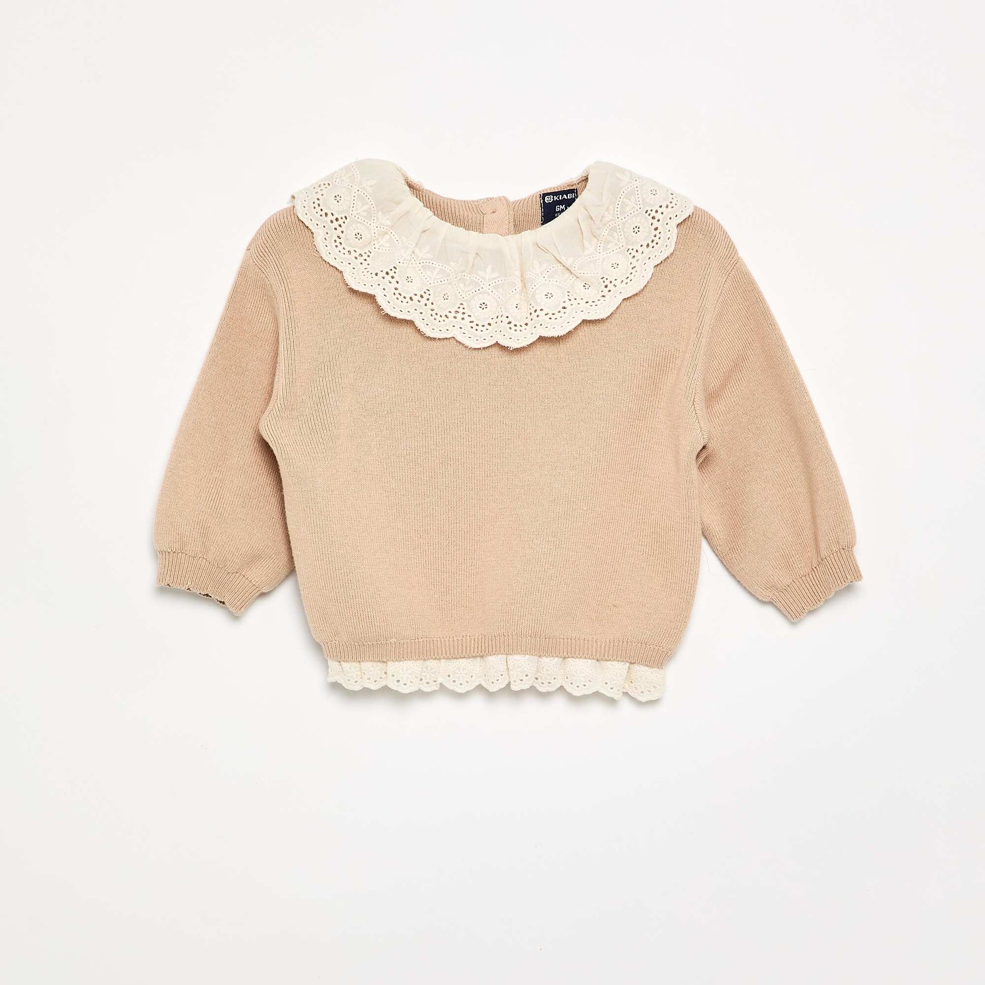 Sweater with charming Broderie Anglaise collar BEIGE