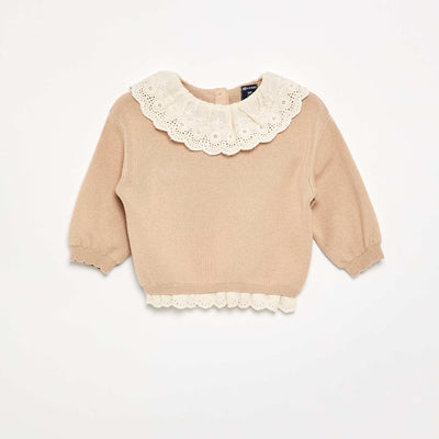 Sweater with charming Broderie Anglaise collar BEIGE