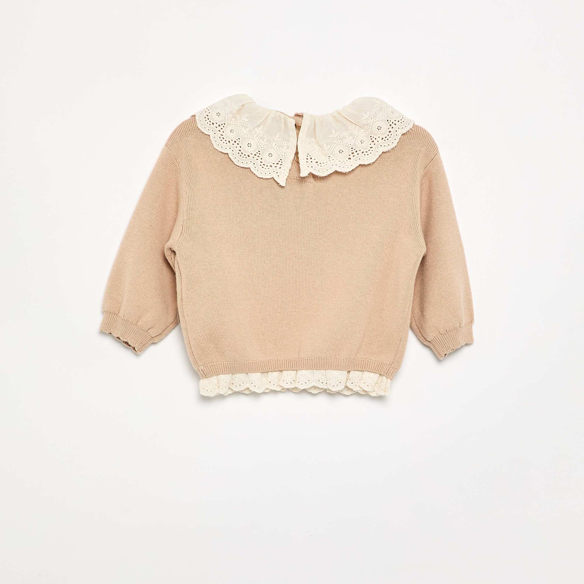 Sweater with charming Broderie Anglaise collar BEIGE