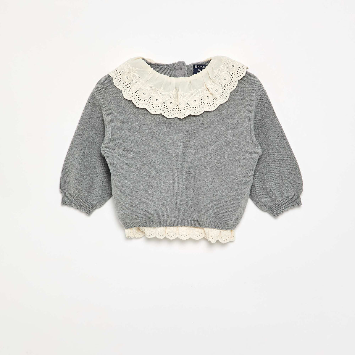 Sweater with charming Broderie Anglaise collar GREY