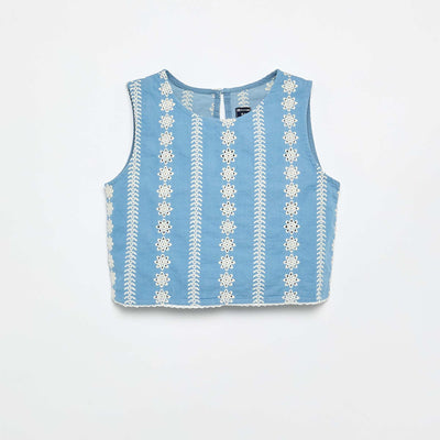 Sleeveless Blouse with All-Over Embroidery BLUE