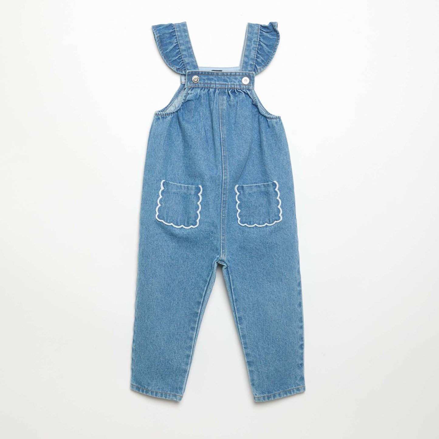 Denim overalls with ruffled straps BLUE