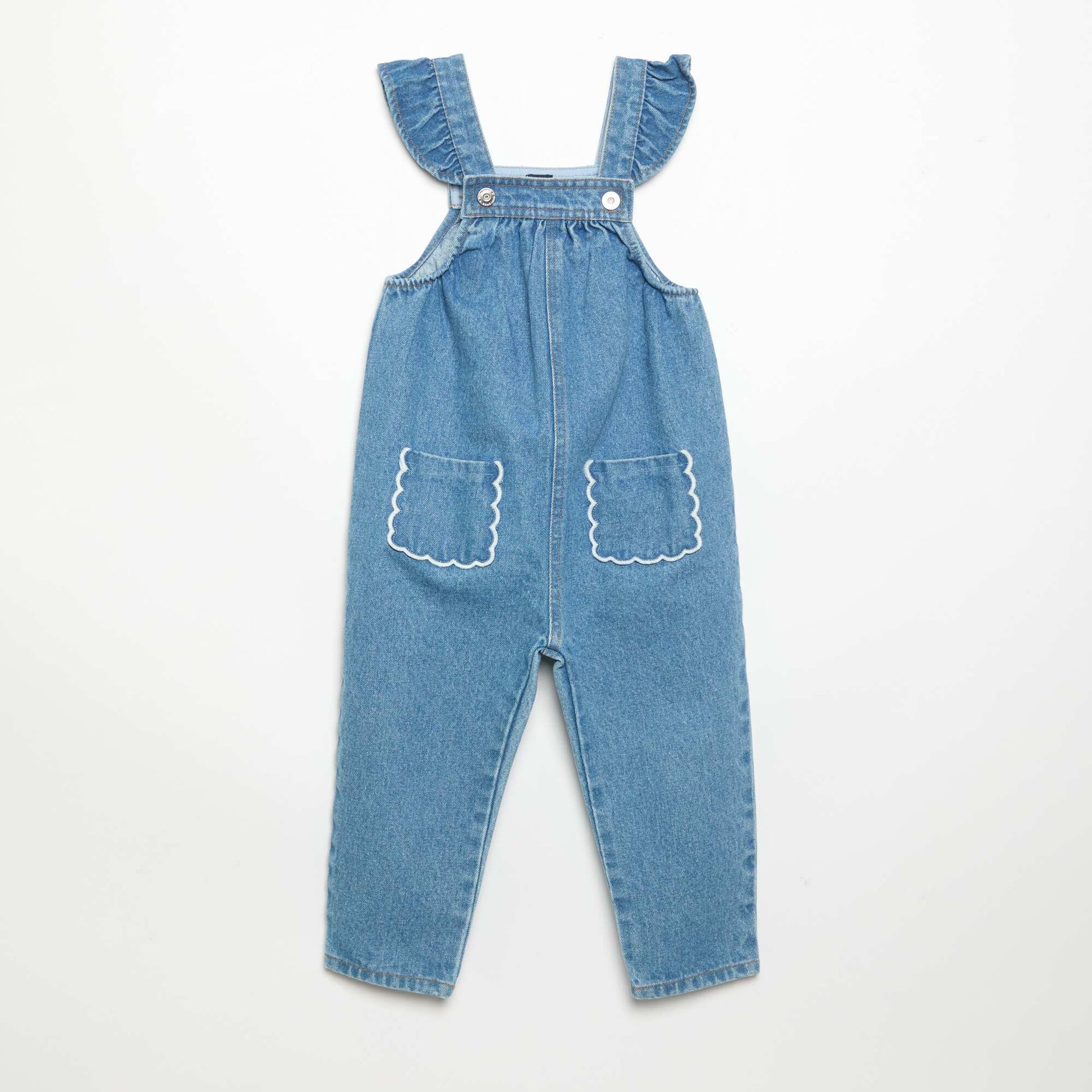 Denim overalls with ruffled straps BLUE