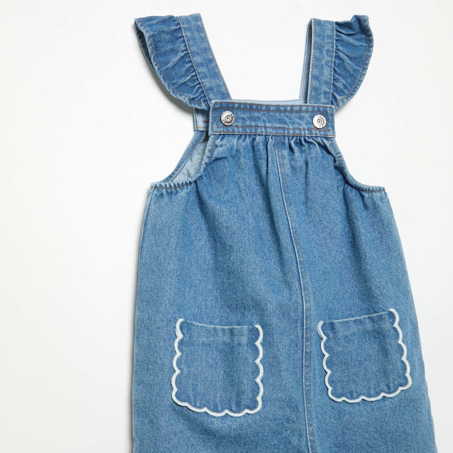 Denim overalls with ruffled straps BLUE