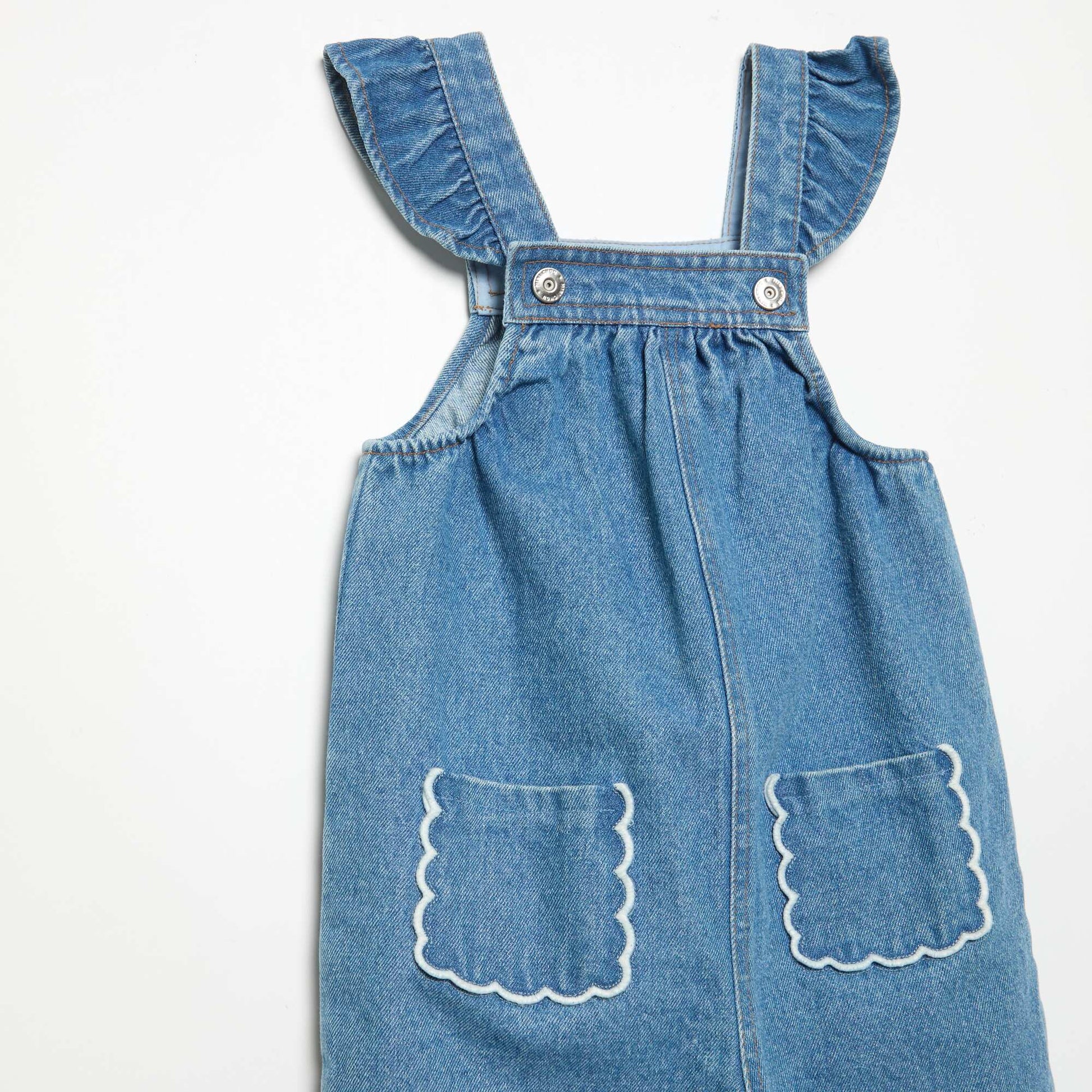 Denim overalls with ruffled straps BLUE