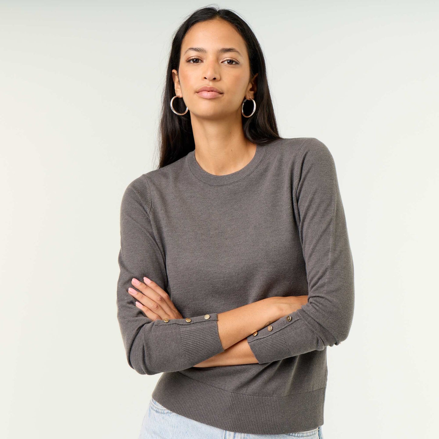 Fine Gauge Knit Round Neck Sweater GREY