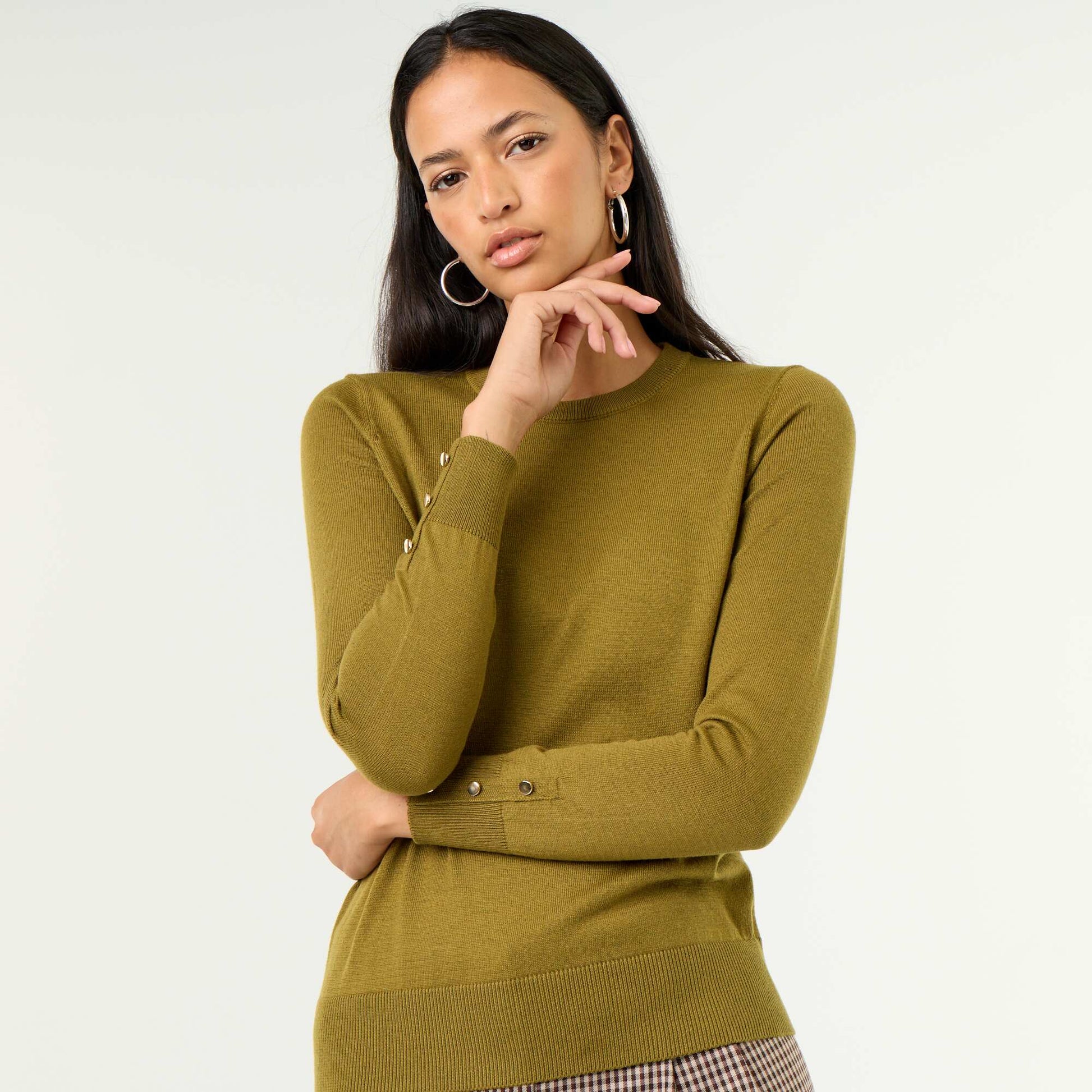 Fine Gauge Knit Round Neck Sweater GREEN