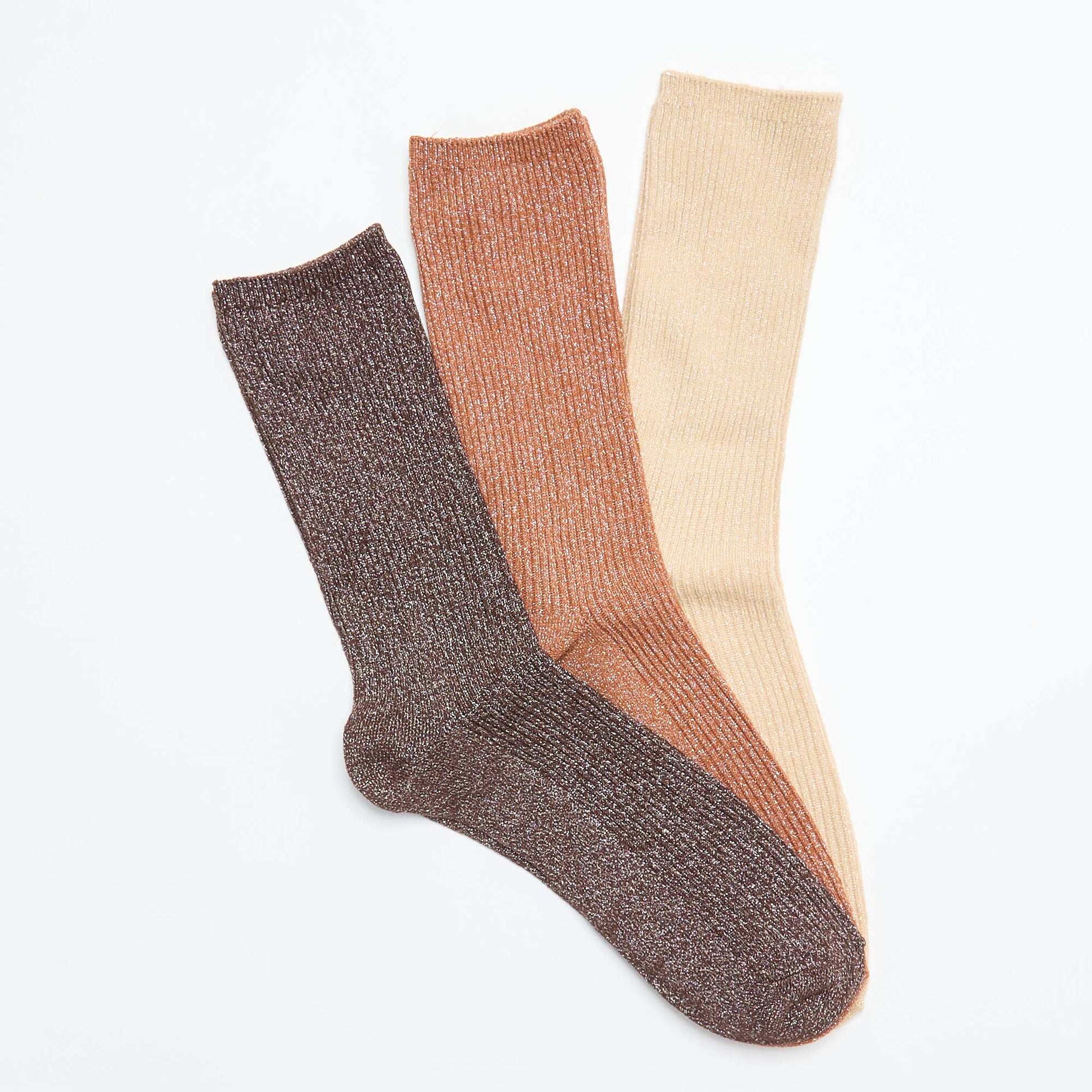 Pack of 3 pairs of glitter mid-calf socks BEIGE
