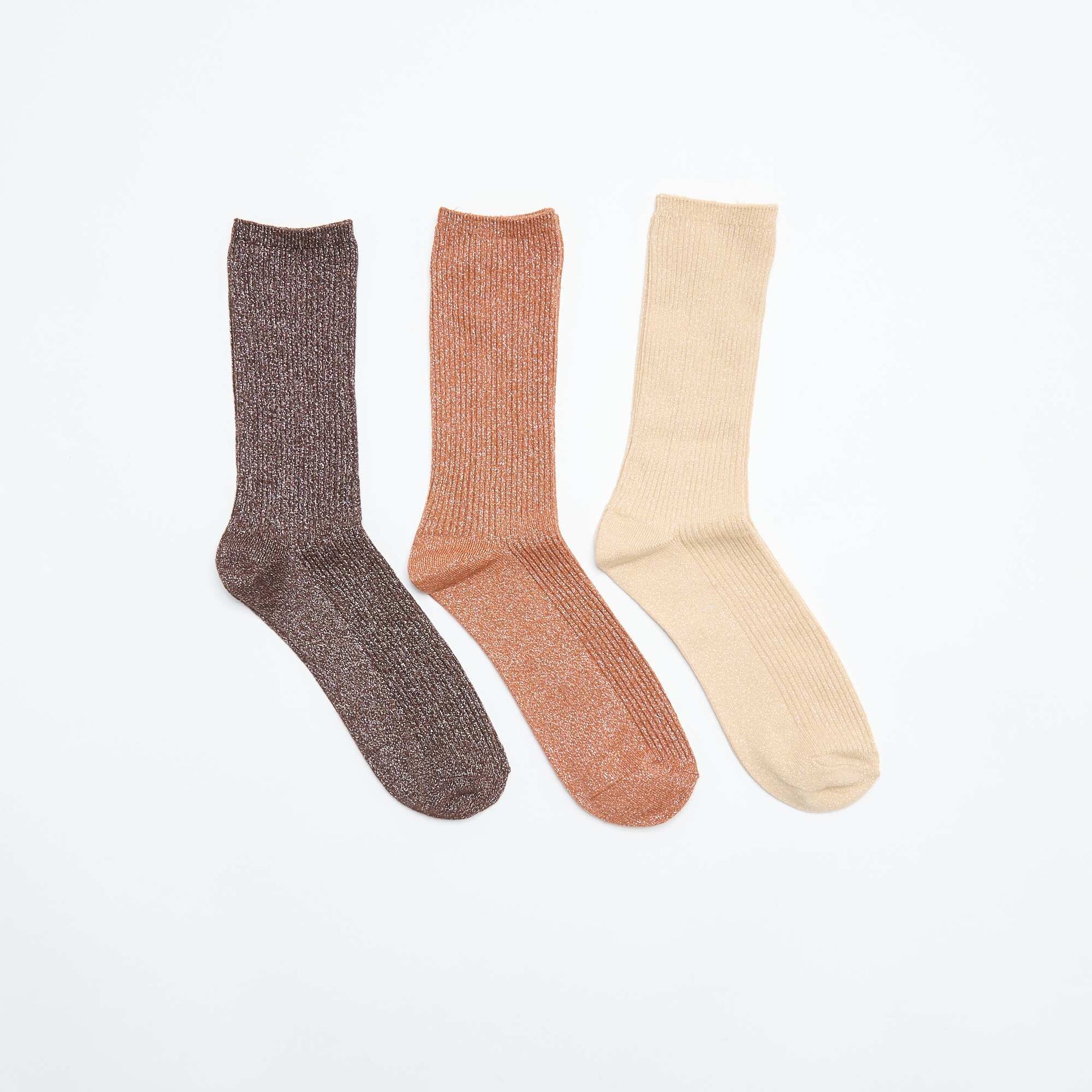 Pack of 3 pairs of glitter mid-calf socks BEIGE