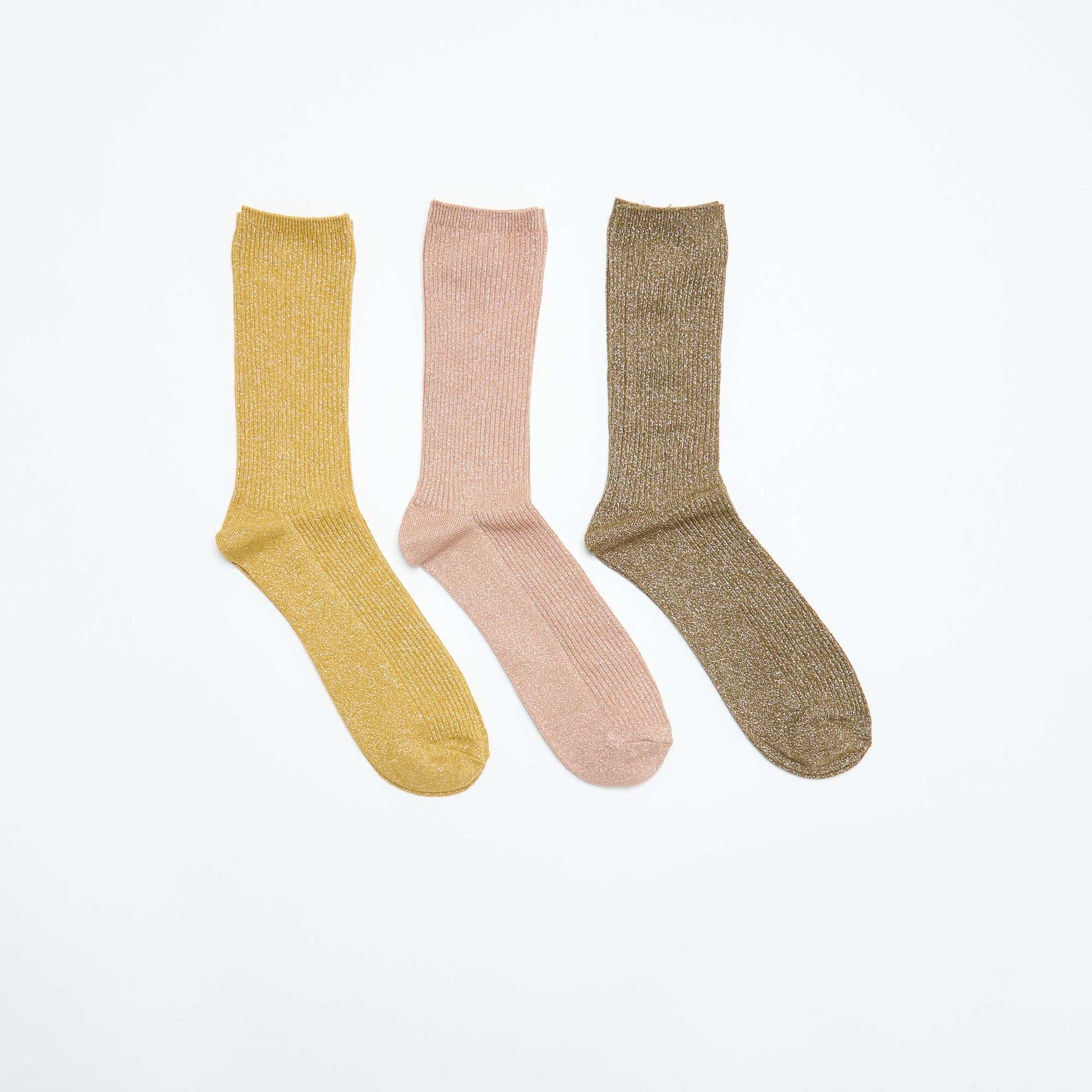 Pack of 3 pairs of glitter mid-calf socks KHAKI