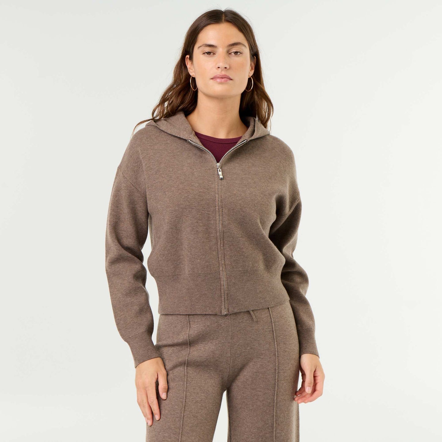 Ottoman Knit Hooded Cardigan BROWN