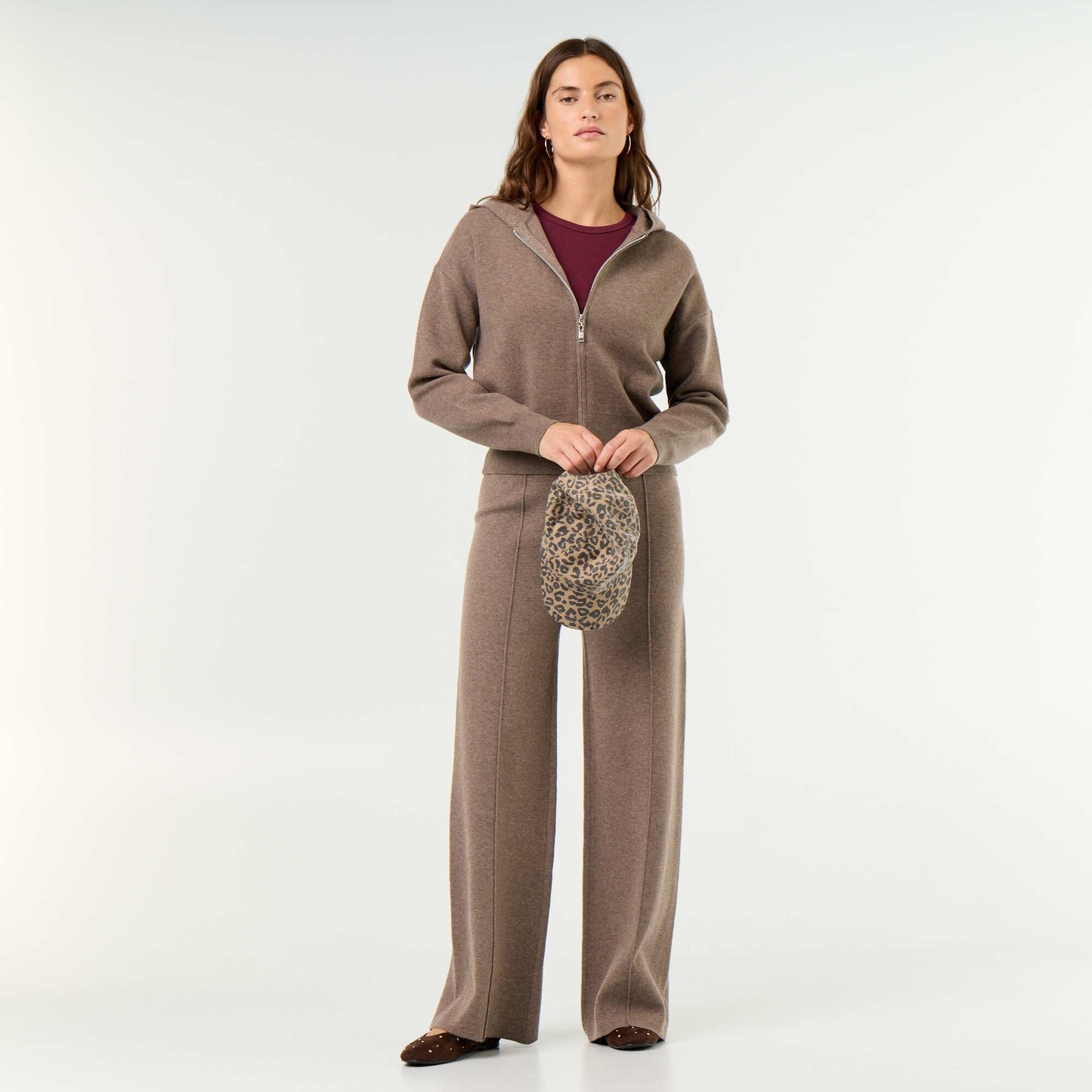 Ottoman Knit Hooded Cardigan BROWN