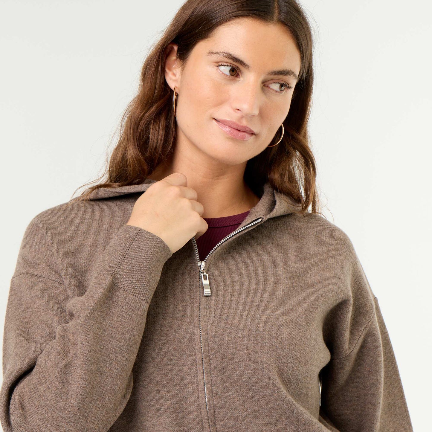 Ottoman Knit Hooded Cardigan BROWN