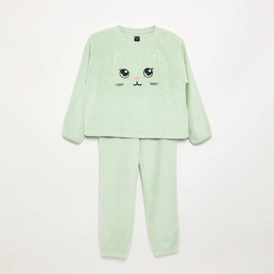 Cozy Coral Fleece Pajama Set - Sweatshirt & Pants GREEN