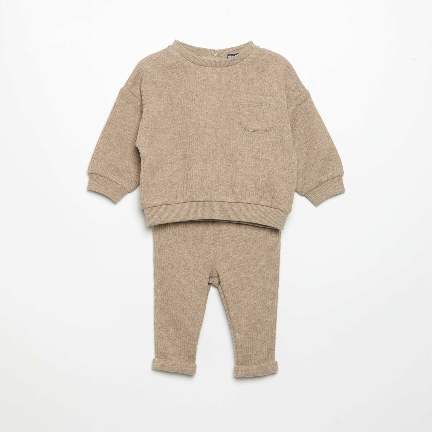 2-Piece Ribbed Knit Set - Sweatshirt and Trousers BEIGE