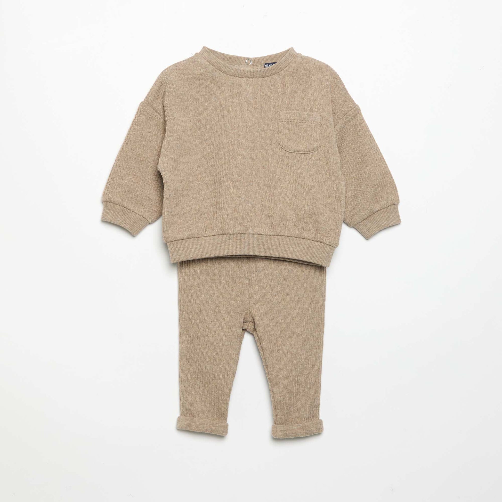 2-Piece Ribbed Knit Set - Sweatshirt and Trousers BEIGE