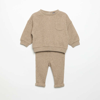 2-Piece Ribbed Knit Set - Sweatshirt and Trousers BEIGE