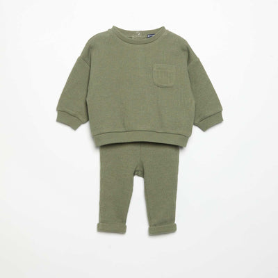 2-Piece Ribbed Knit Set - Sweatshirt and Trousers GREEN