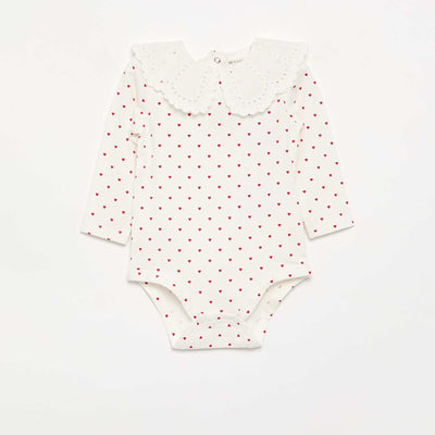 Printed Bodysuit with Broderie Anglaise Peter Pan Collar WHITE