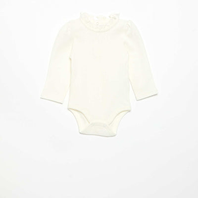 Ribbed Knit Bodysuit with Decorative Collar WHITE