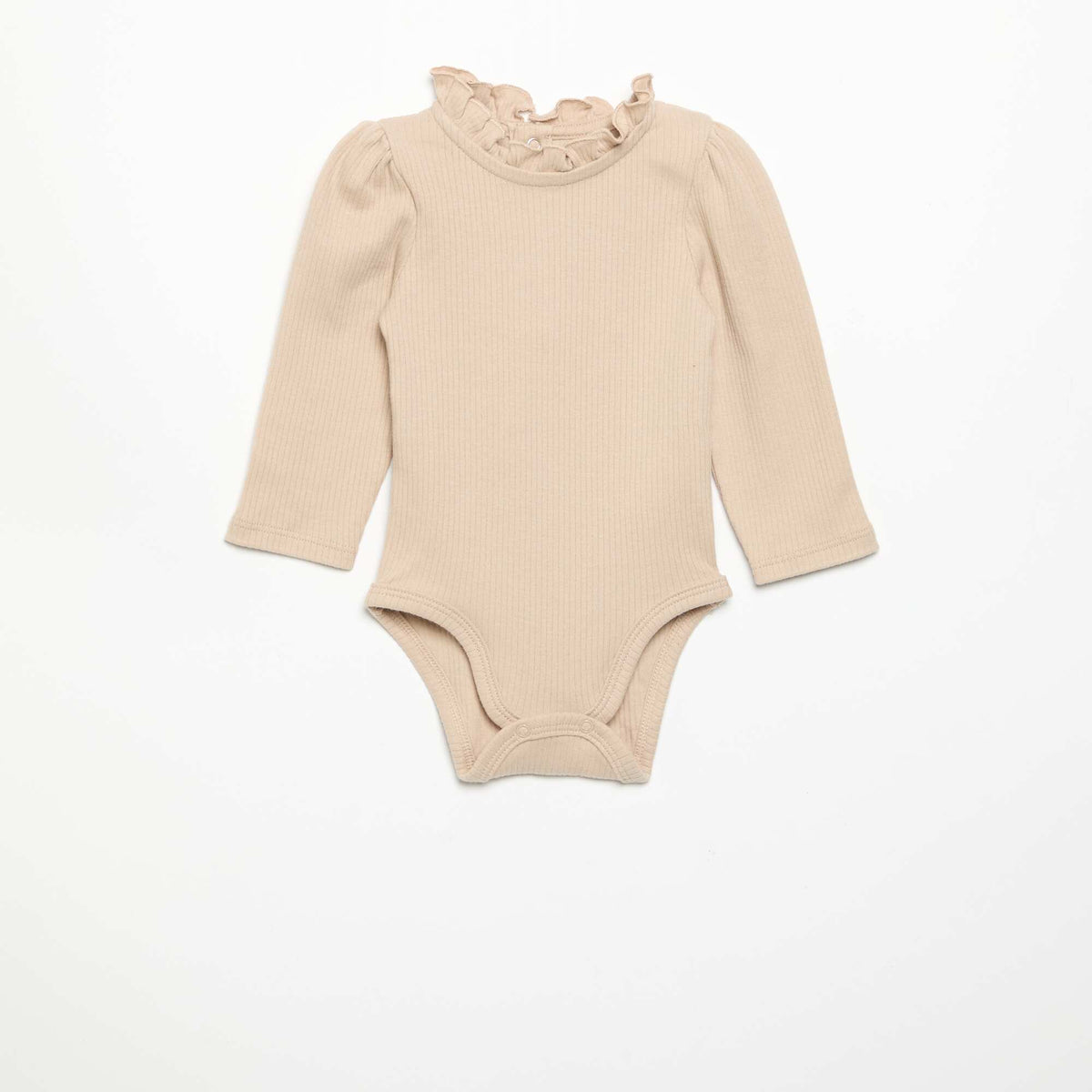 Ribbed Knit Bodysuit with Decorative Collar BEIGE