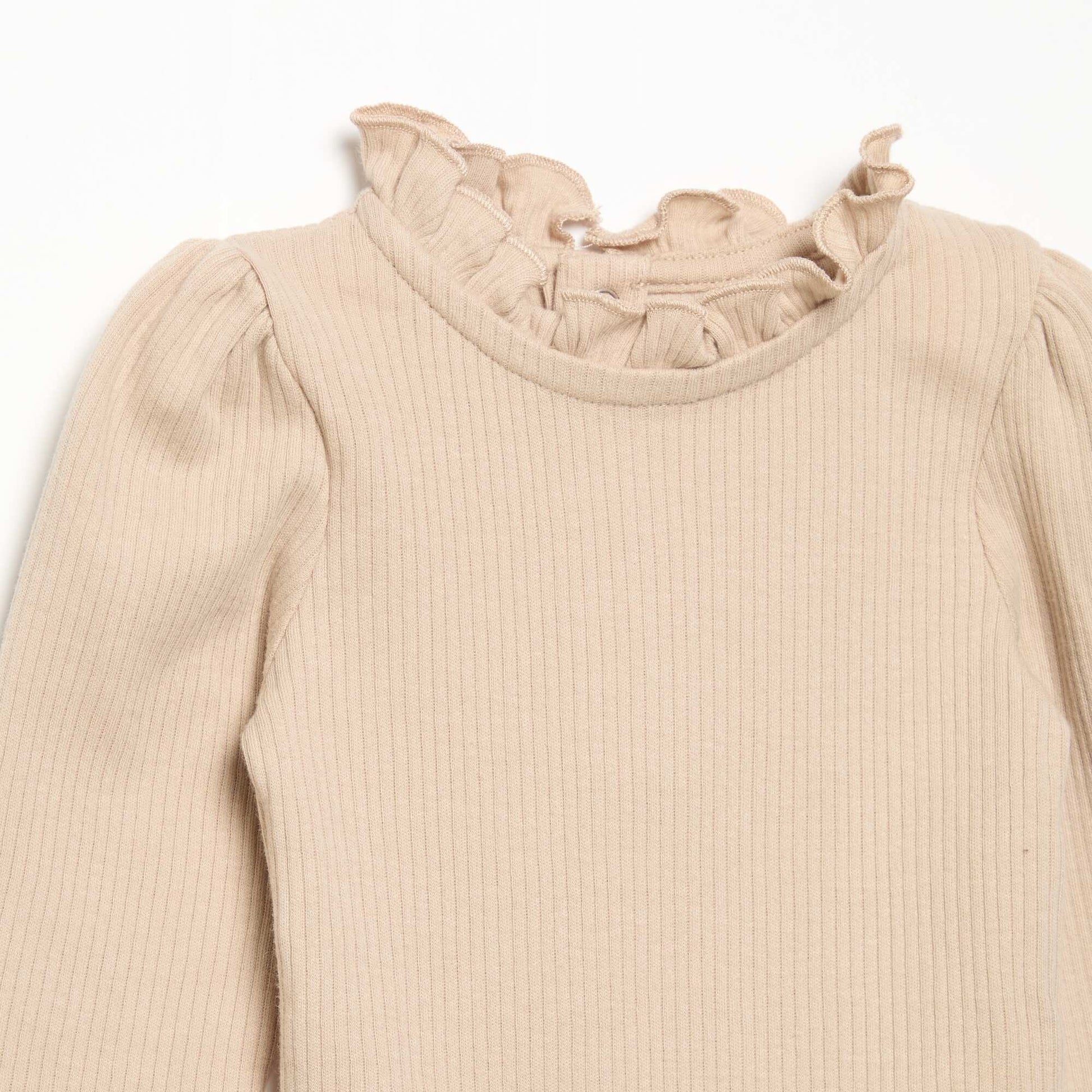 Ribbed Knit Bodysuit with Decorative Collar BEIGE