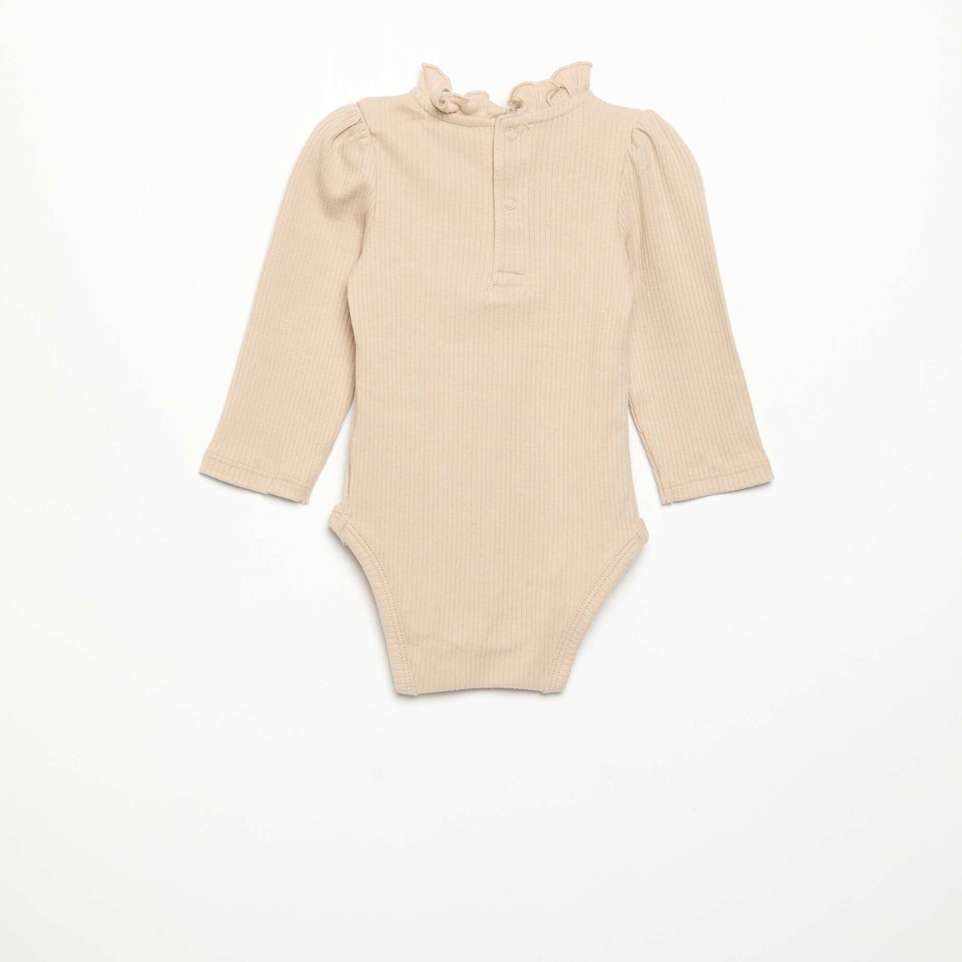 Ribbed Knit Bodysuit with Decorative Collar BEIGE
