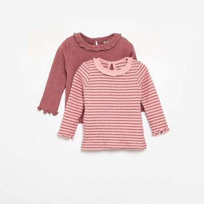 Ribbed T-shirt with ruffled collar and cuffs PINK