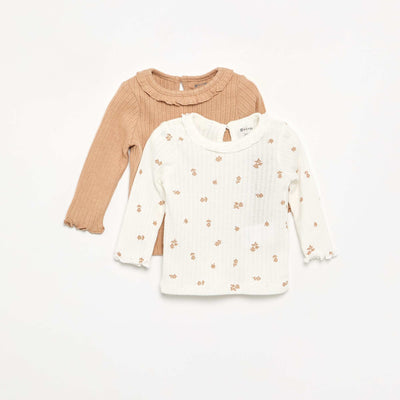 Ribbed T-shirt with ruffled collar and cuffs BEIGE