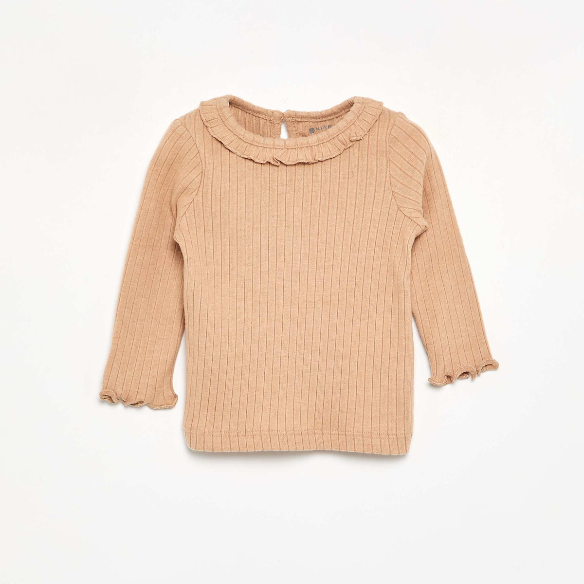 Ribbed T-shirt with ruffled collar and cuffs BEIGE