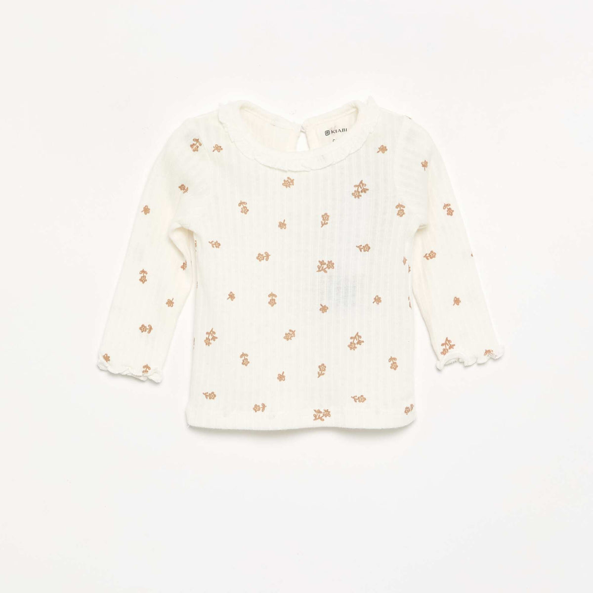 Ribbed T-shirt with ruffled collar and cuffs BEIGE