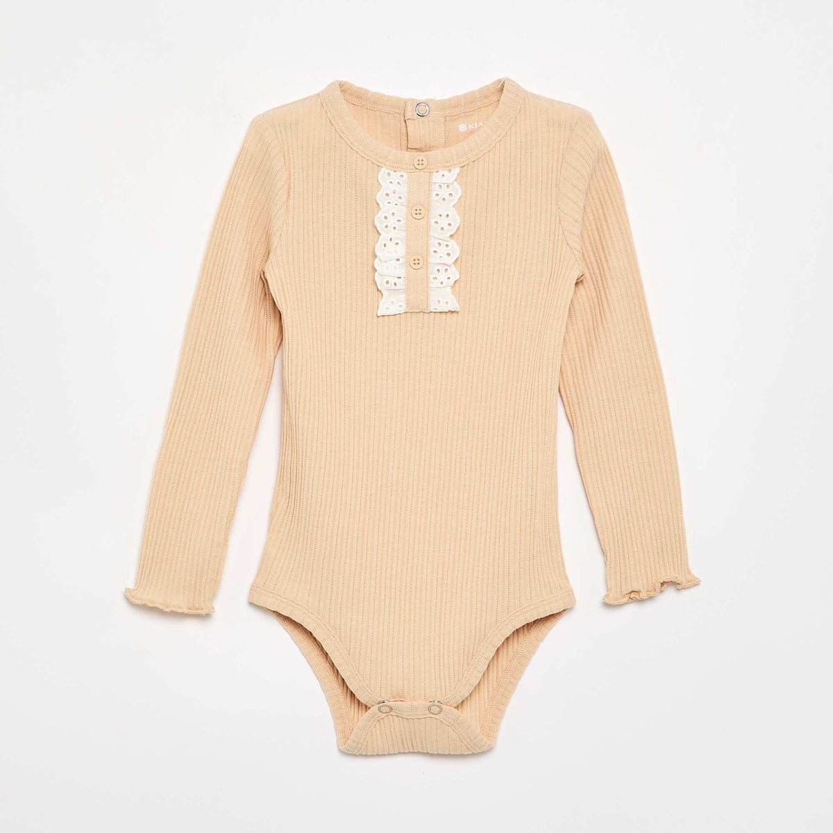 Ribbed Knit Bodysuit with Eyelet Embroidery BEIGE
