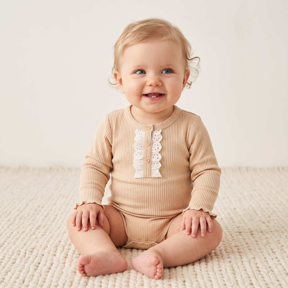 Ribbed Knit Bodysuit with Eyelet Embroidery BEIGE