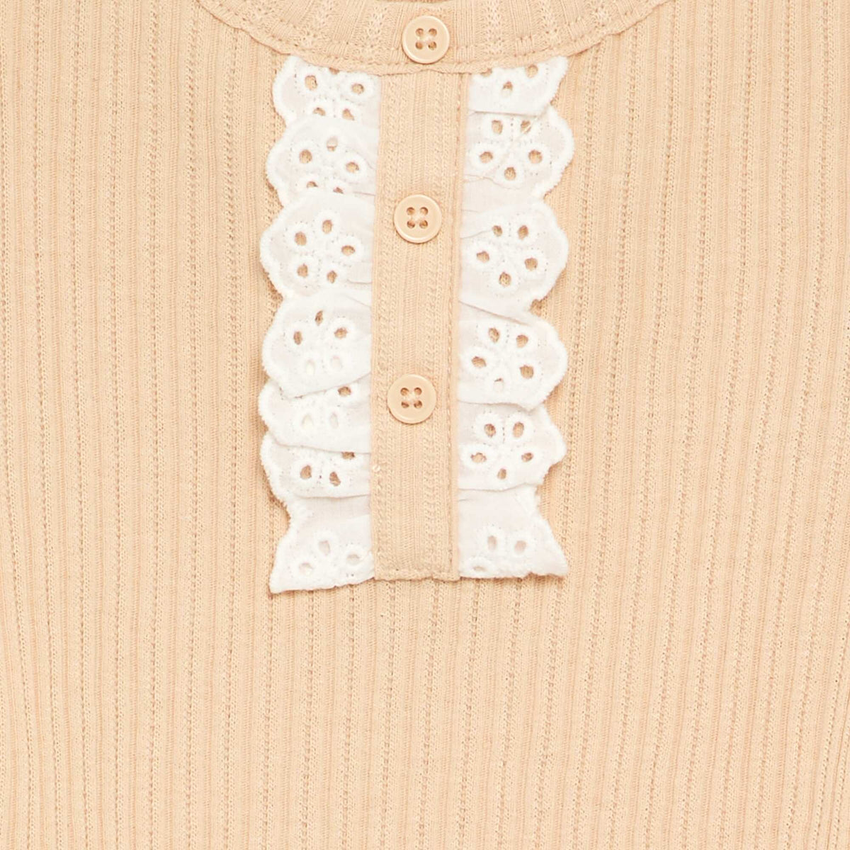 Ribbed Knit Bodysuit with Eyelet Embroidery BEIGE