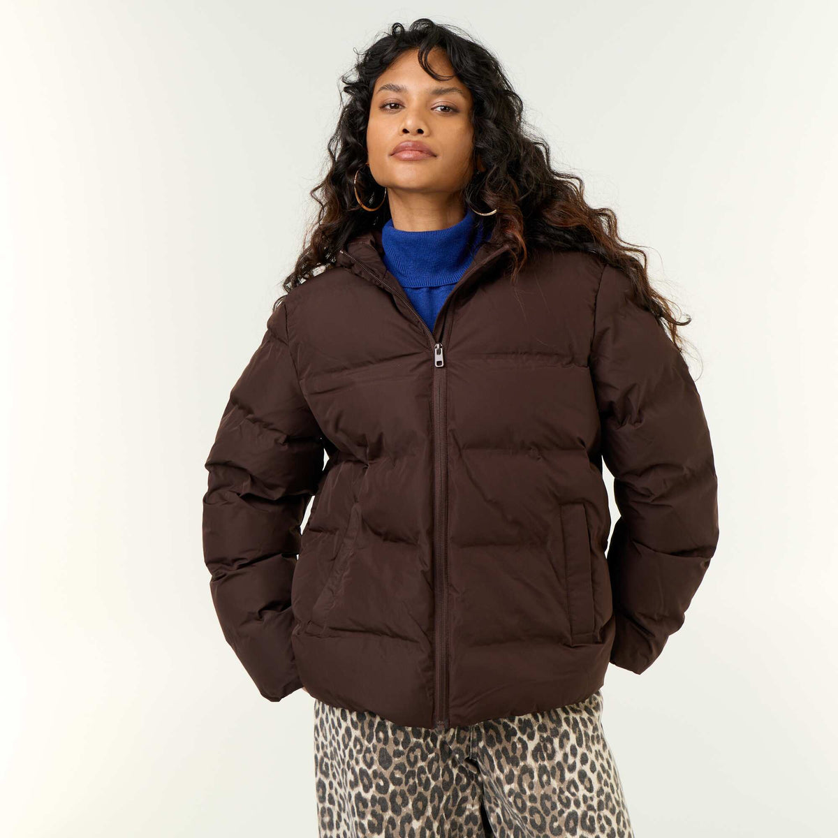 Hooded quilted puffer jacket BROWN