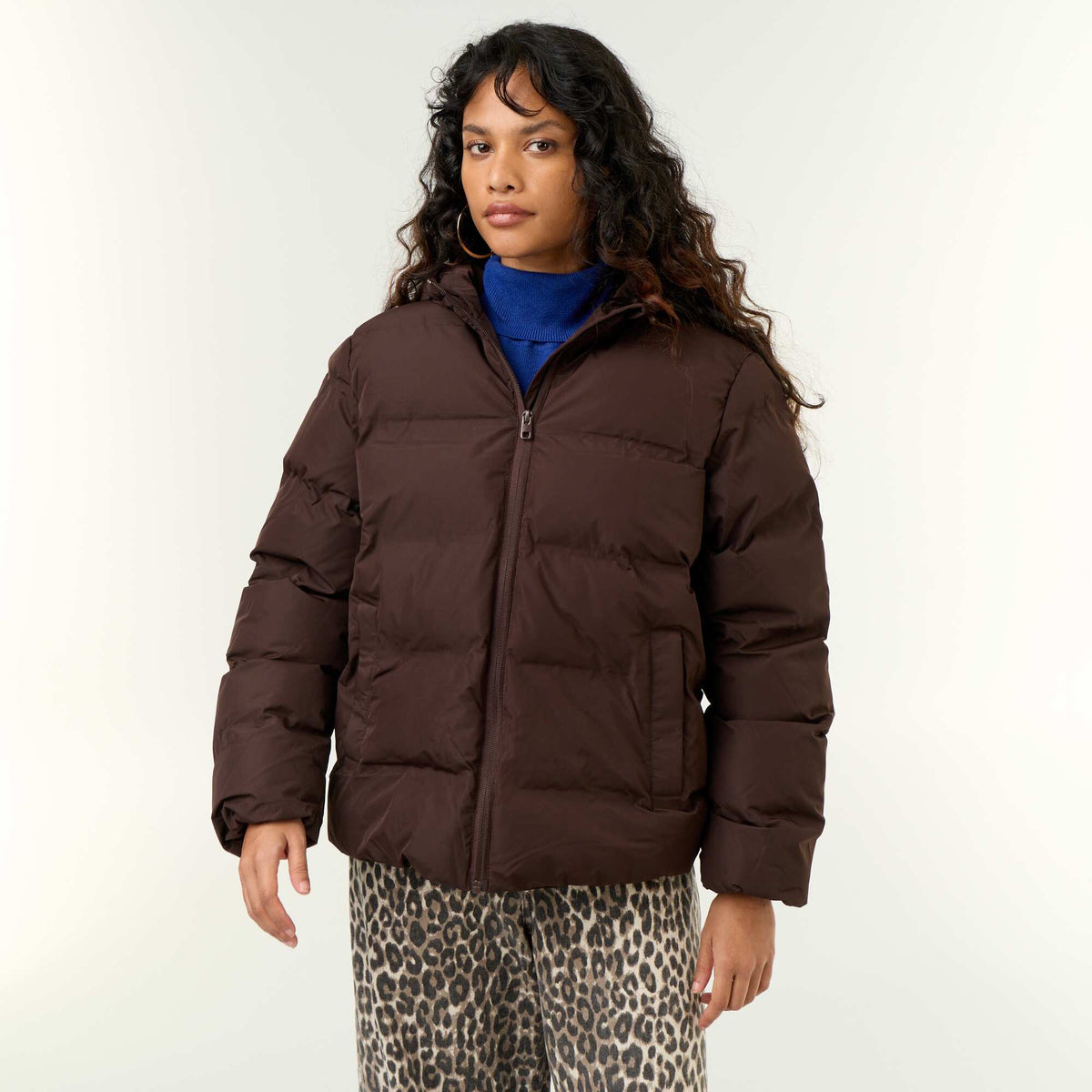Hooded quilted puffer jacket BROWN