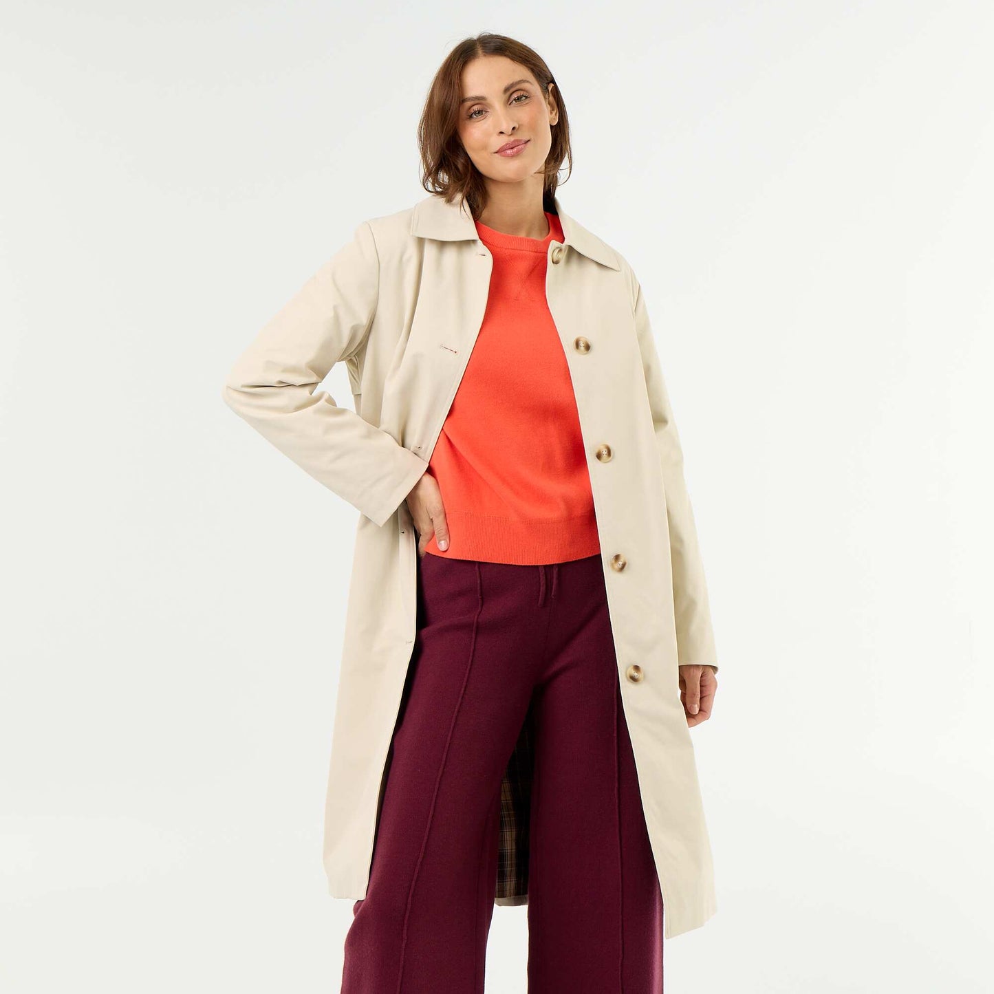 Mid-length trench coat with inner lining BROWN