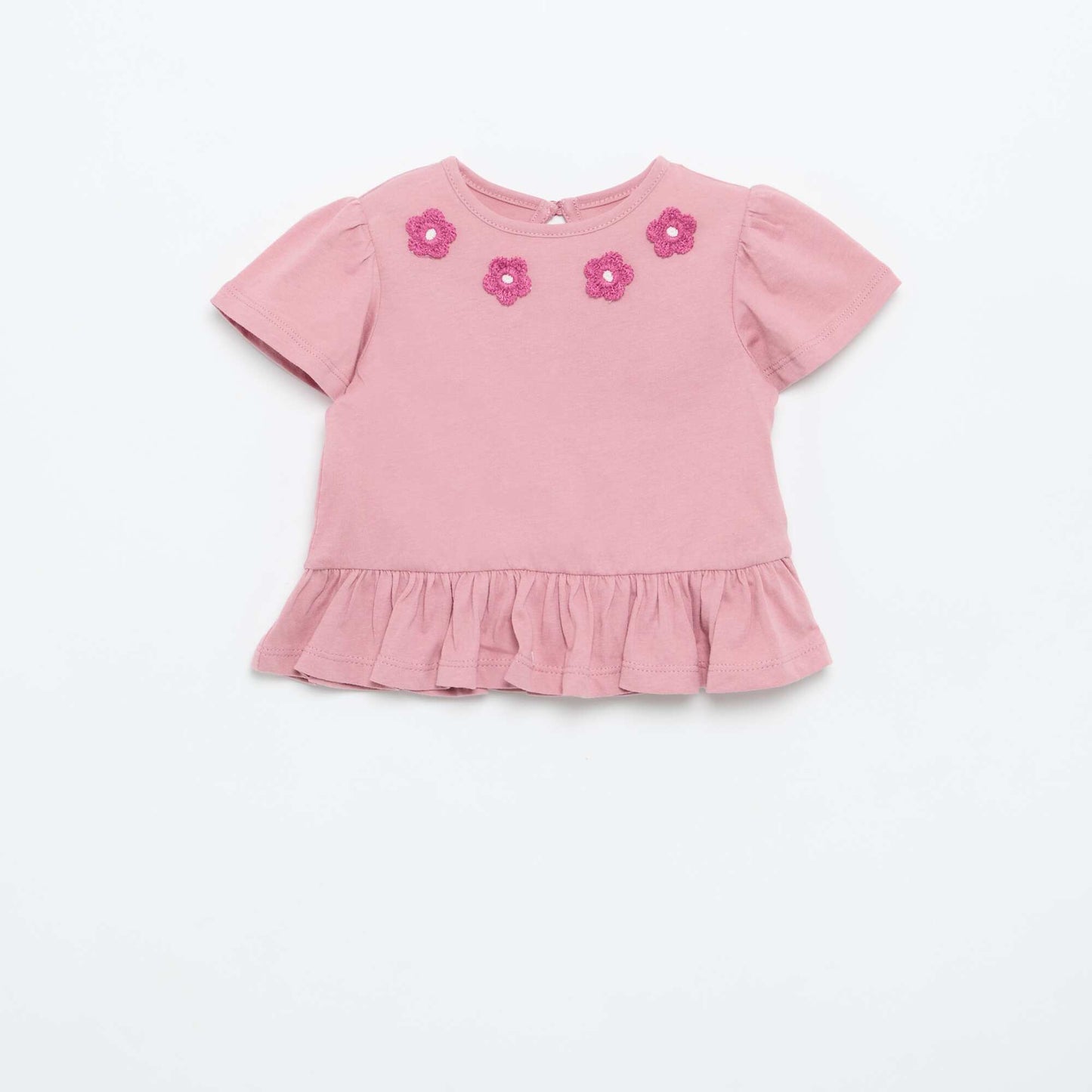 Short-sleeved T-shirt with embroidery and ruffled hem PINK