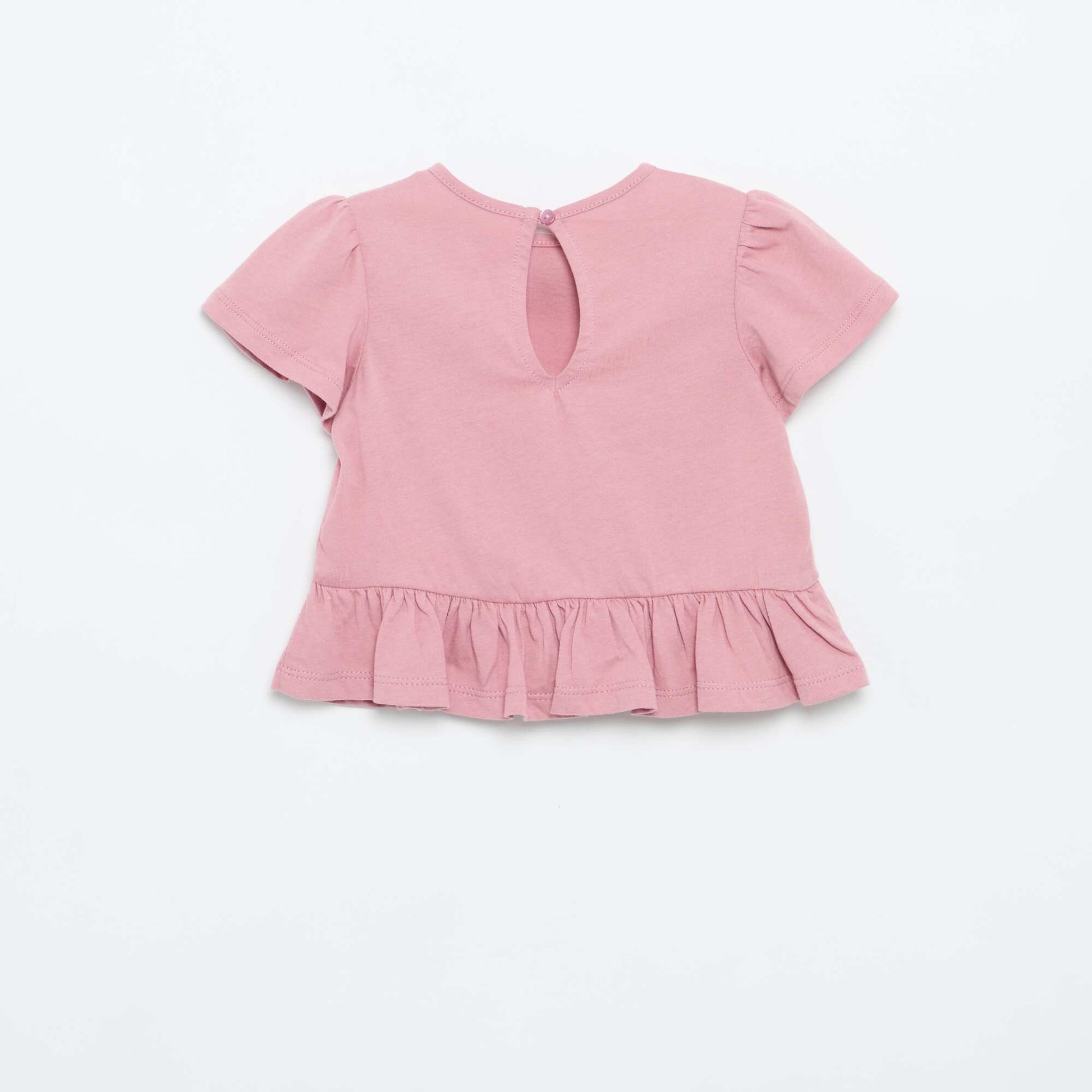 Short-sleeved T-shirt with embroidery and ruffled hem PINK