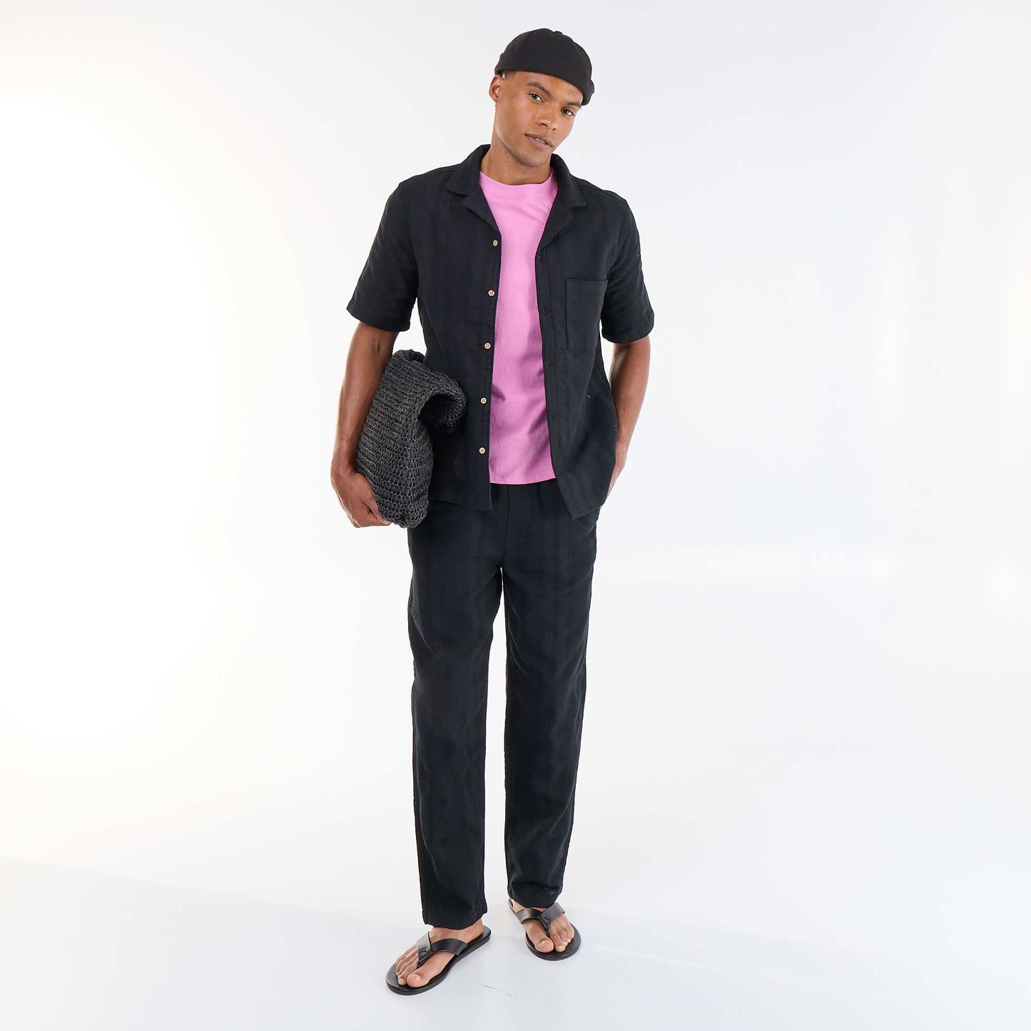 Solid Textured Trousers BLACK