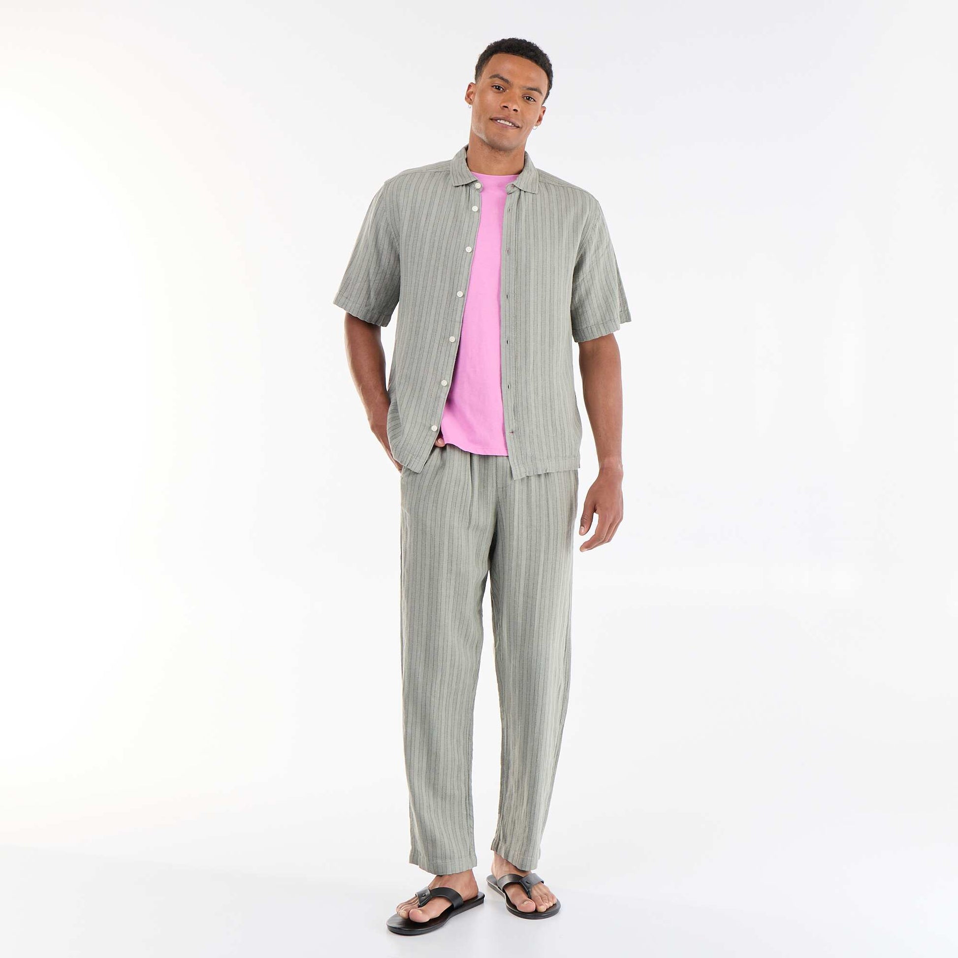 Striped Linen Blend Trousers GREEN
